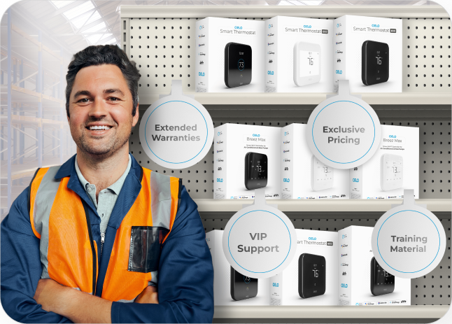 Pro standing in front of a shelf displaying Cielo smart climate control products