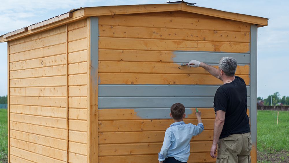 A man and a young boy painting a shed