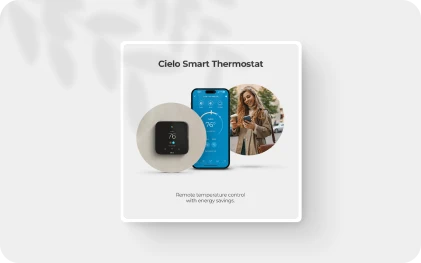 Cielo Smart Thermostat device displayed alongside cielo home app screen