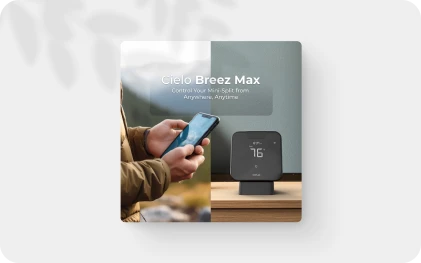 Cielo Breez Max placed on a table one one side and a person using Cielo home app on the other side.