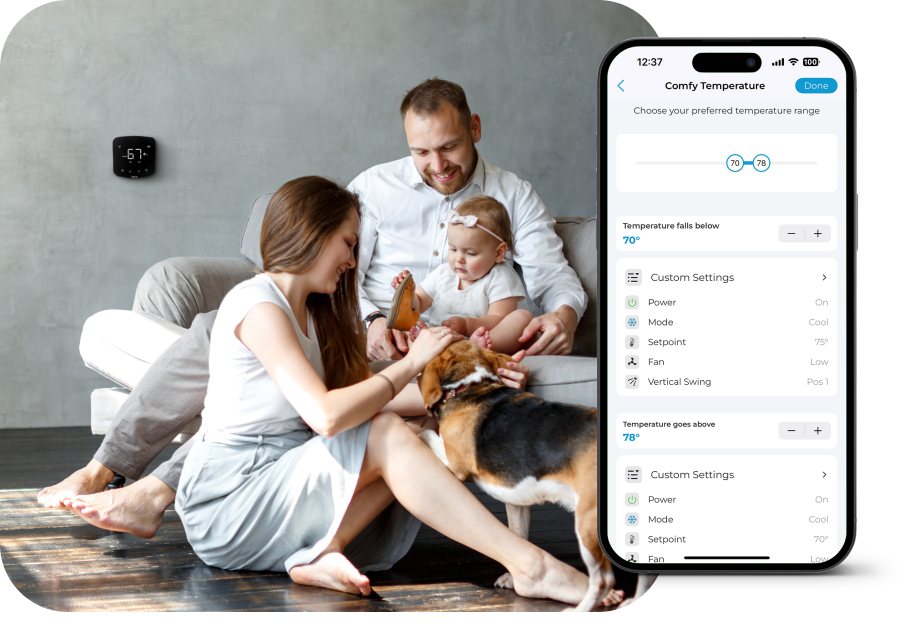 Comfy mode screen in Cielo Home app. Family enjoying ideal home temperature in the background.