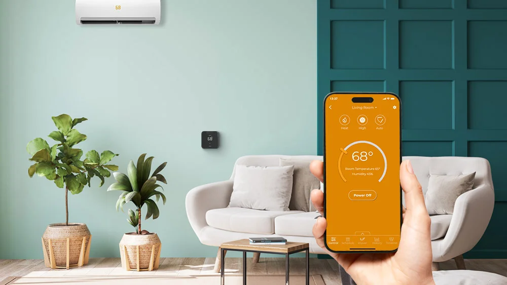 cielo breez max in a room. A person is using cielo home app