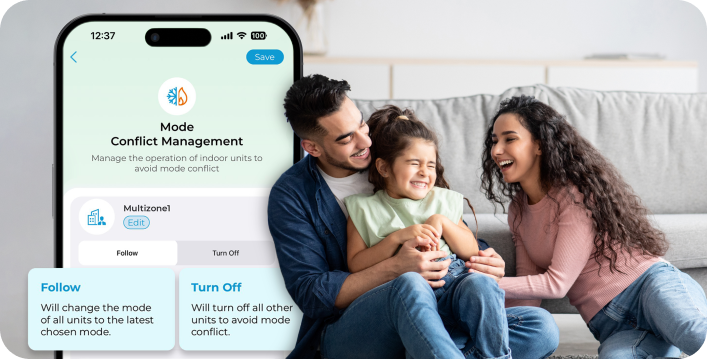 Multi-zone mini-split control screen in cielo home app. A family enjoys perfect home climate.