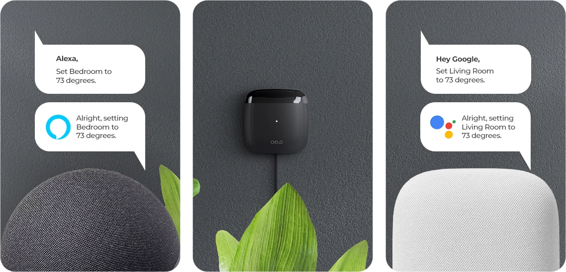 Voice commands for Alexa and Google to change AC temperature via Breez Lite.