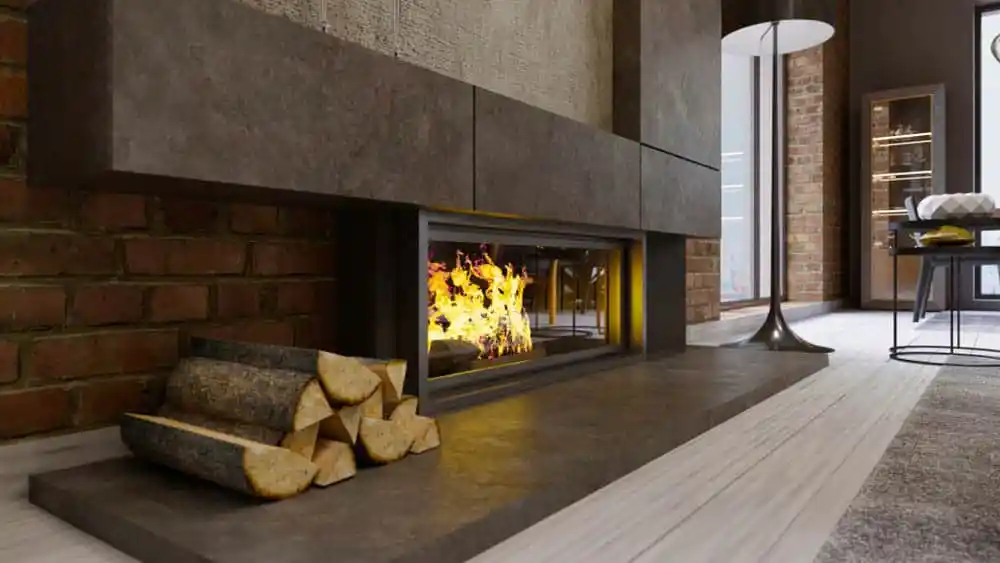 Indoor fireplace with logs on the side