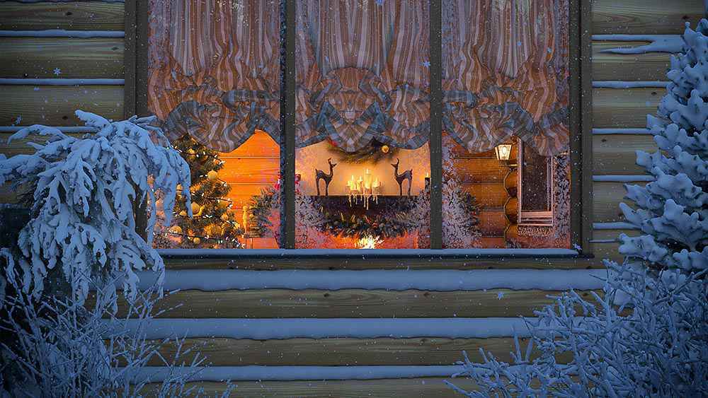 A view of warm and cozy home. Trees are covered in snow outside the house.