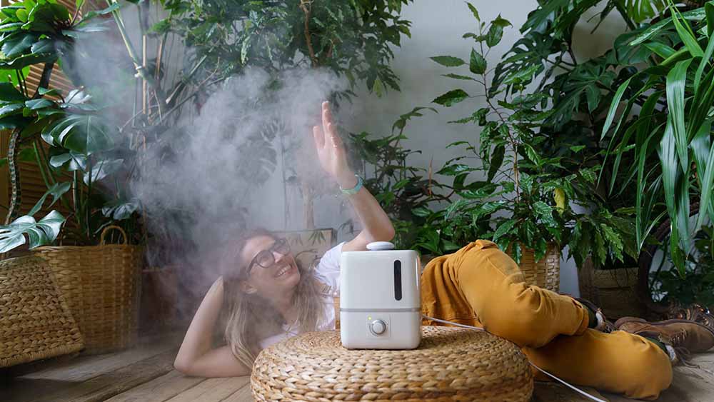 A large humidifier blows out cool mist while woman enjoys ideal humidity levels in her grow room.