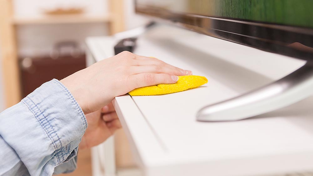 A woman dusting her house