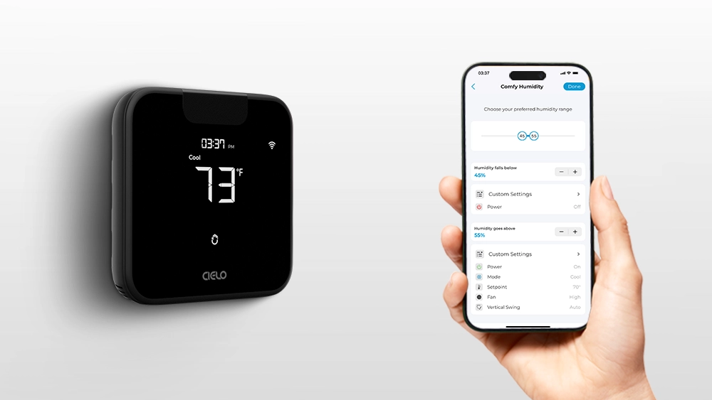 A person using cielo home app. Breez Max is installed on the wall
