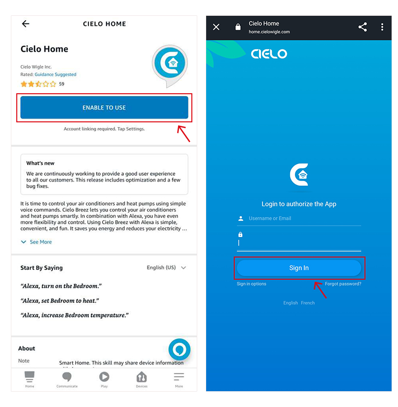 connecting cielo home app to Alexa