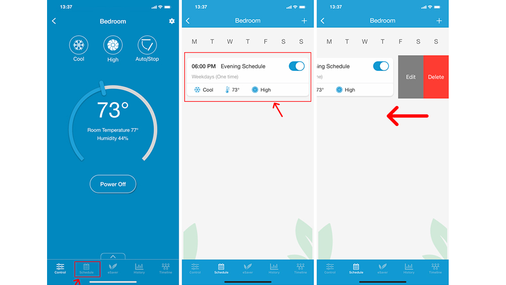 cielo breez app screen - editing or deleting the schedule