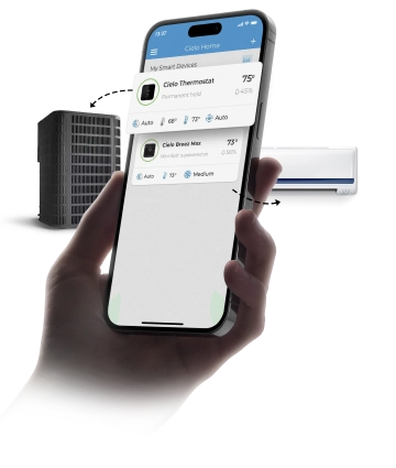 A person using Cielo Home app to manage their central hvac system and room mini-split