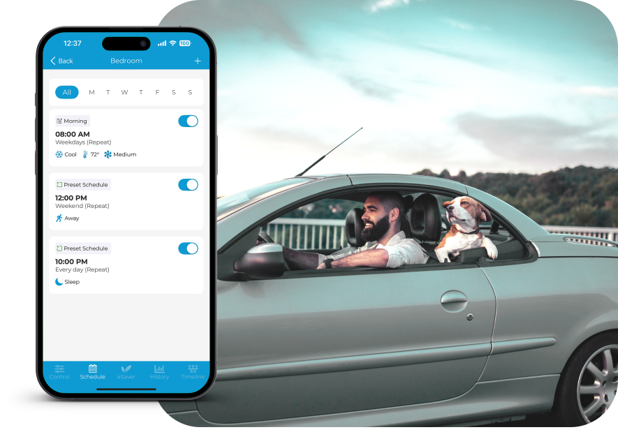 Weekly schedules on cielo home app, man and dog in car in the background.