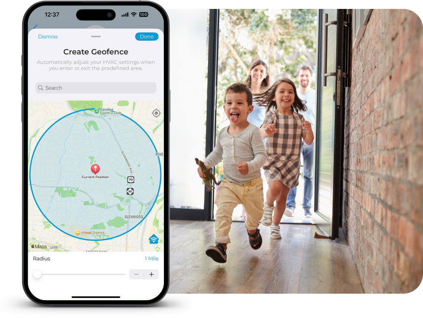 Geofencing feature in Cielo Home app. A family entering a perfectly cooled home.