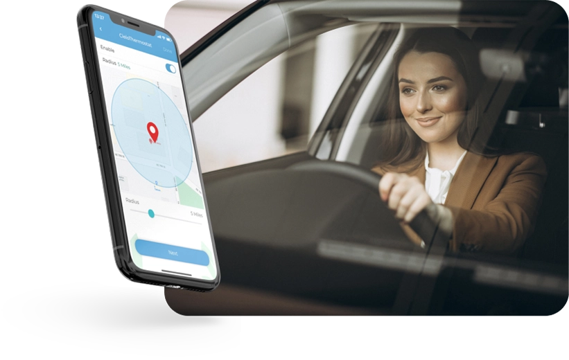 Cielo home app screen showing geofencing feature. Woman driving back home.