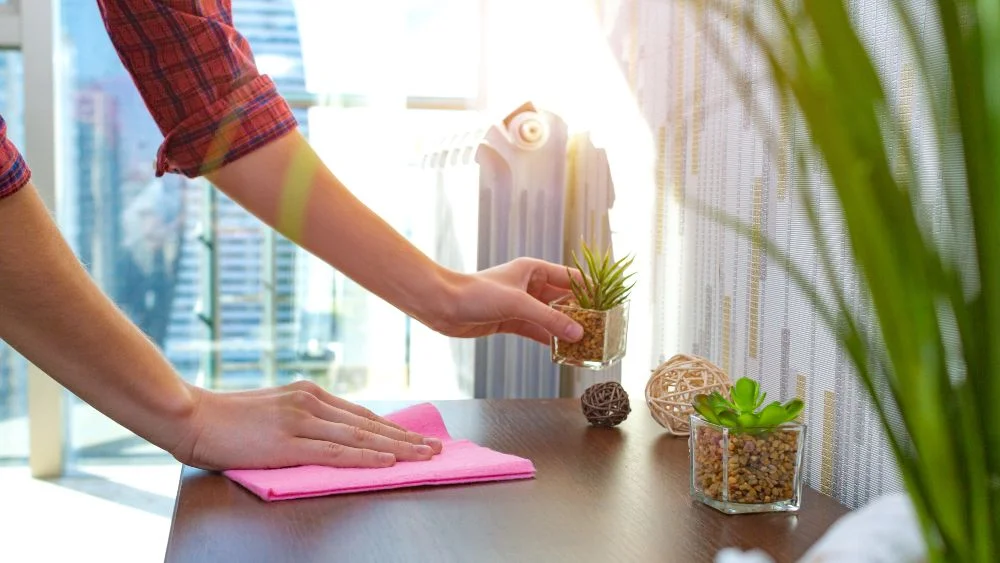 woman dusting a table