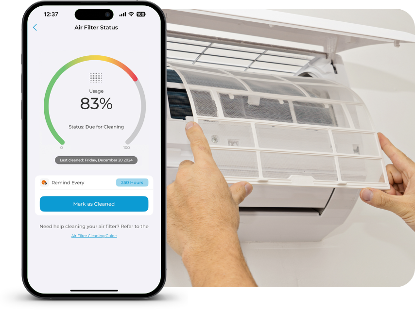 Air filter status feature in the Cielo Home app. A person installing air filter after cleaning them.