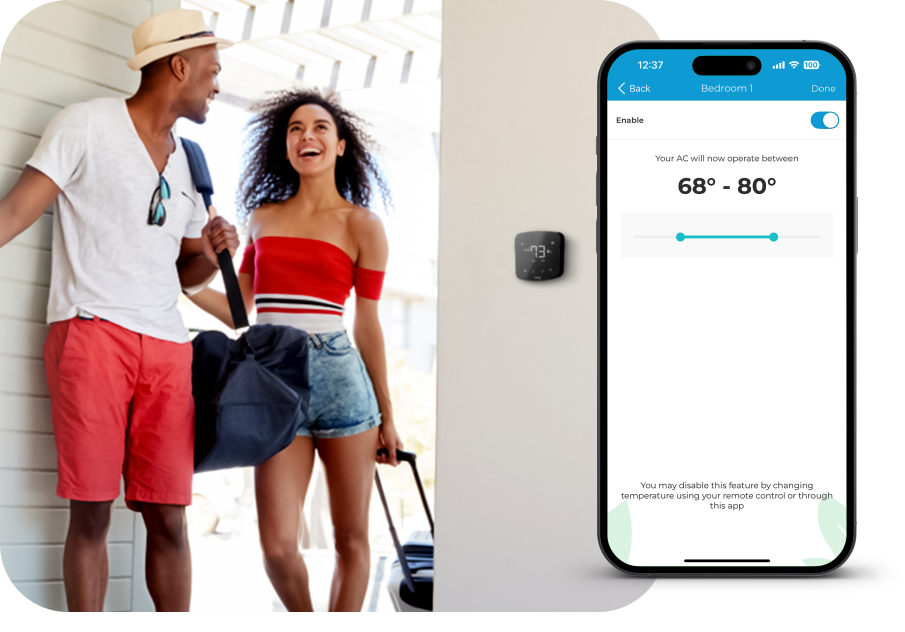 Temperature range lock screen on Cielo Home app screen. A family entering their vacation rental. Cielo Breez Plus is installed in the vacation rental.
